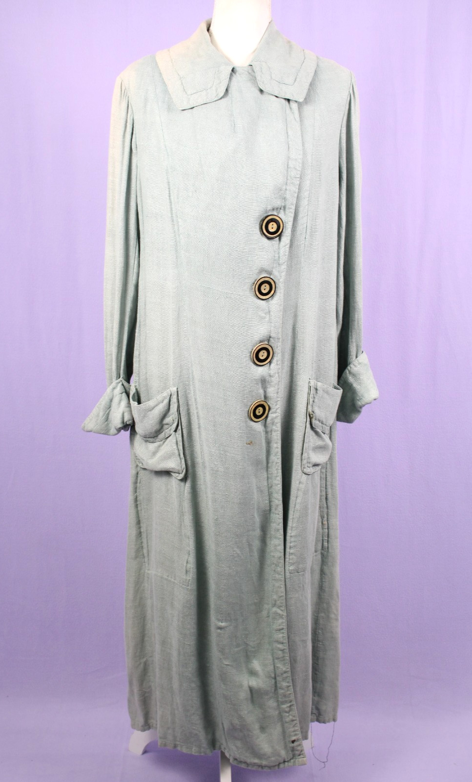 Vtg Women’s 20s Long Light Blue Over-Dyed? Duster / Jacket Sz S/M 1920s