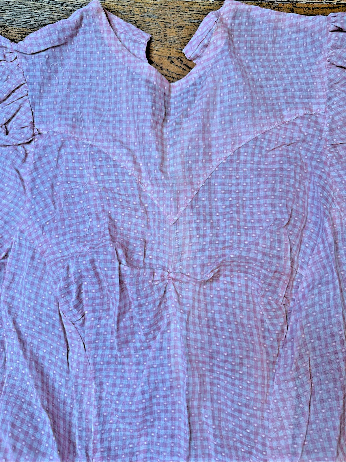 Vtg 1940s Pink Gingham Swiss Dot Day Dress Metal Zipper Puffy Sleeve Wide Sweep