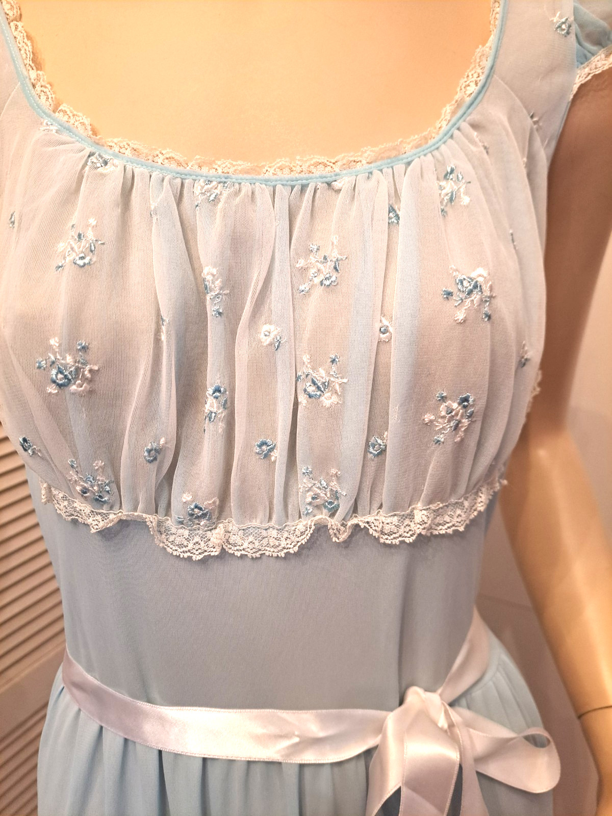 VTG 50’s/60’s Baby Blue Nylon Nightgown Med. Semi Sheer Lace Lingerie Romantic