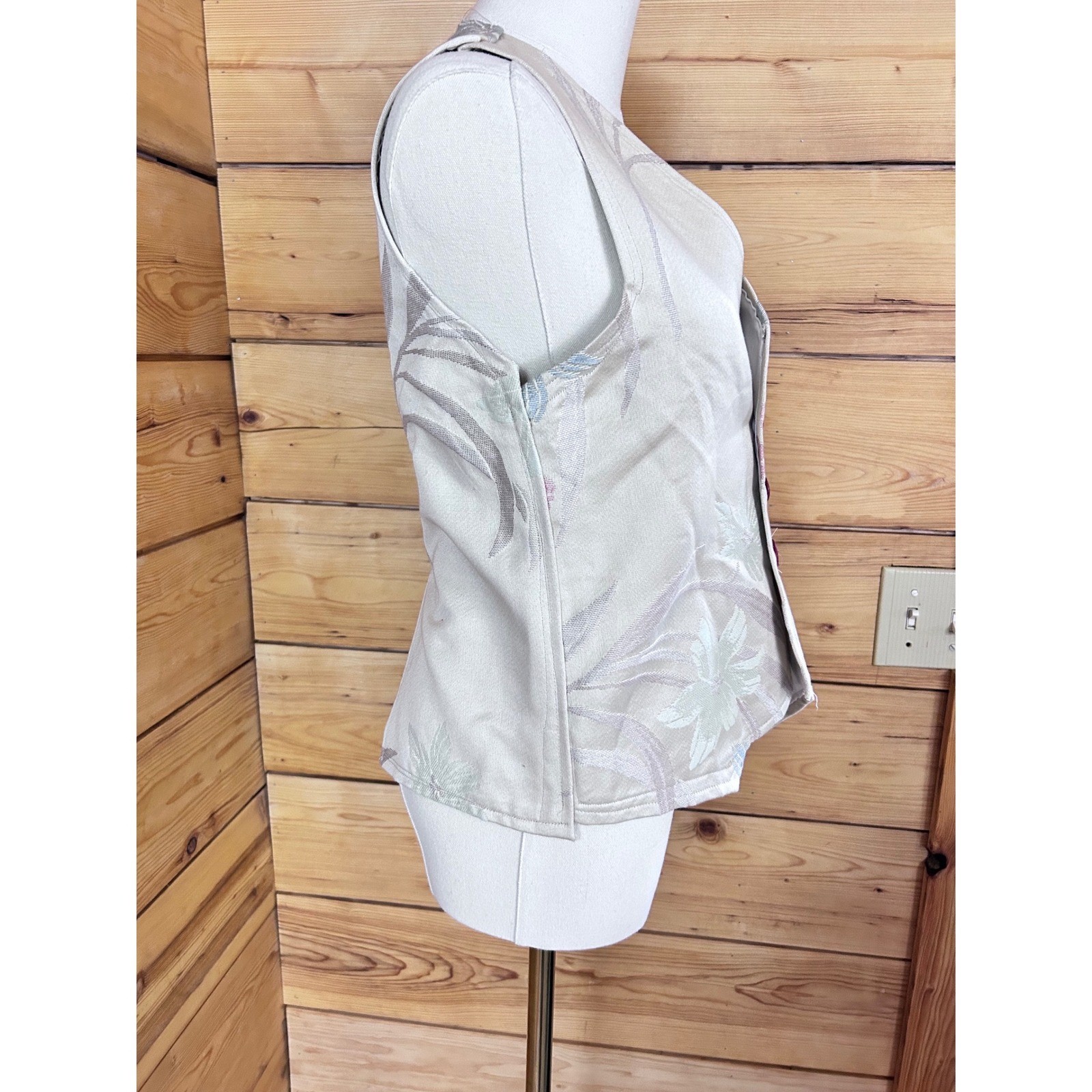 Vintage Jacquard Brocade Vest Womens Small Cream Floral Asymmetrical Handmade