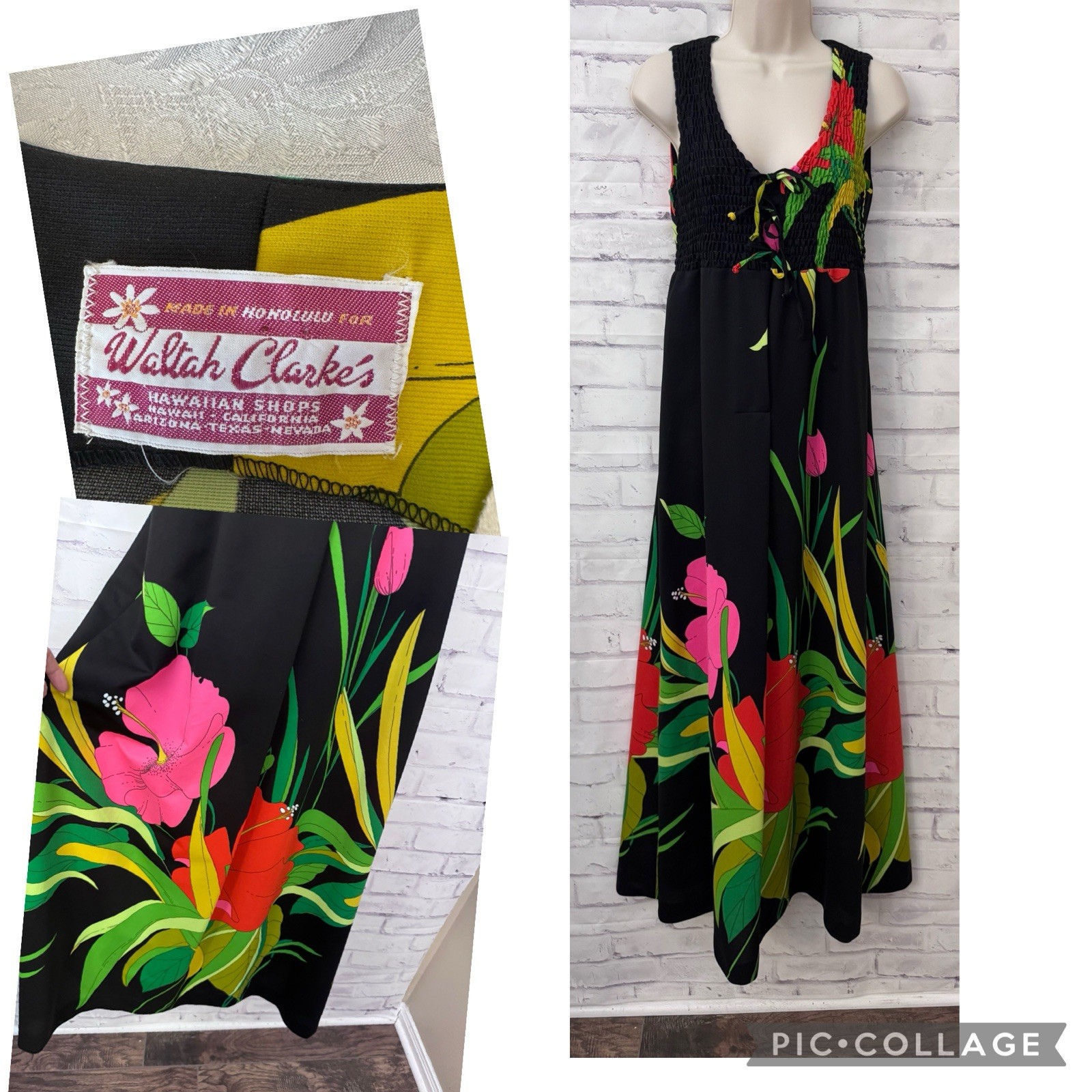 Waltah Clarke’s VTG 60’s Hawaiian Maxi Dress Smocked Tropical Hibiscus Aloha