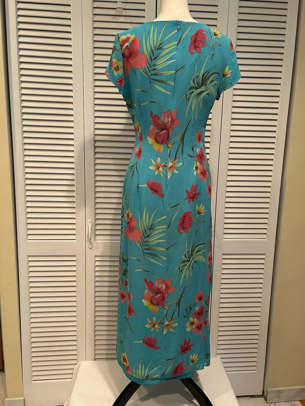 Talbots sz 8 Vintage Long Maxi Dress Aqua Blue Green Pink Floral Short Sleeves