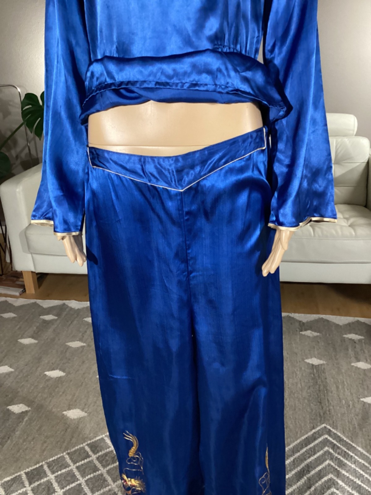 Vintage 50s Chinese Two Piece Silky Satin Lounge Set Gold Embroidered Dragons