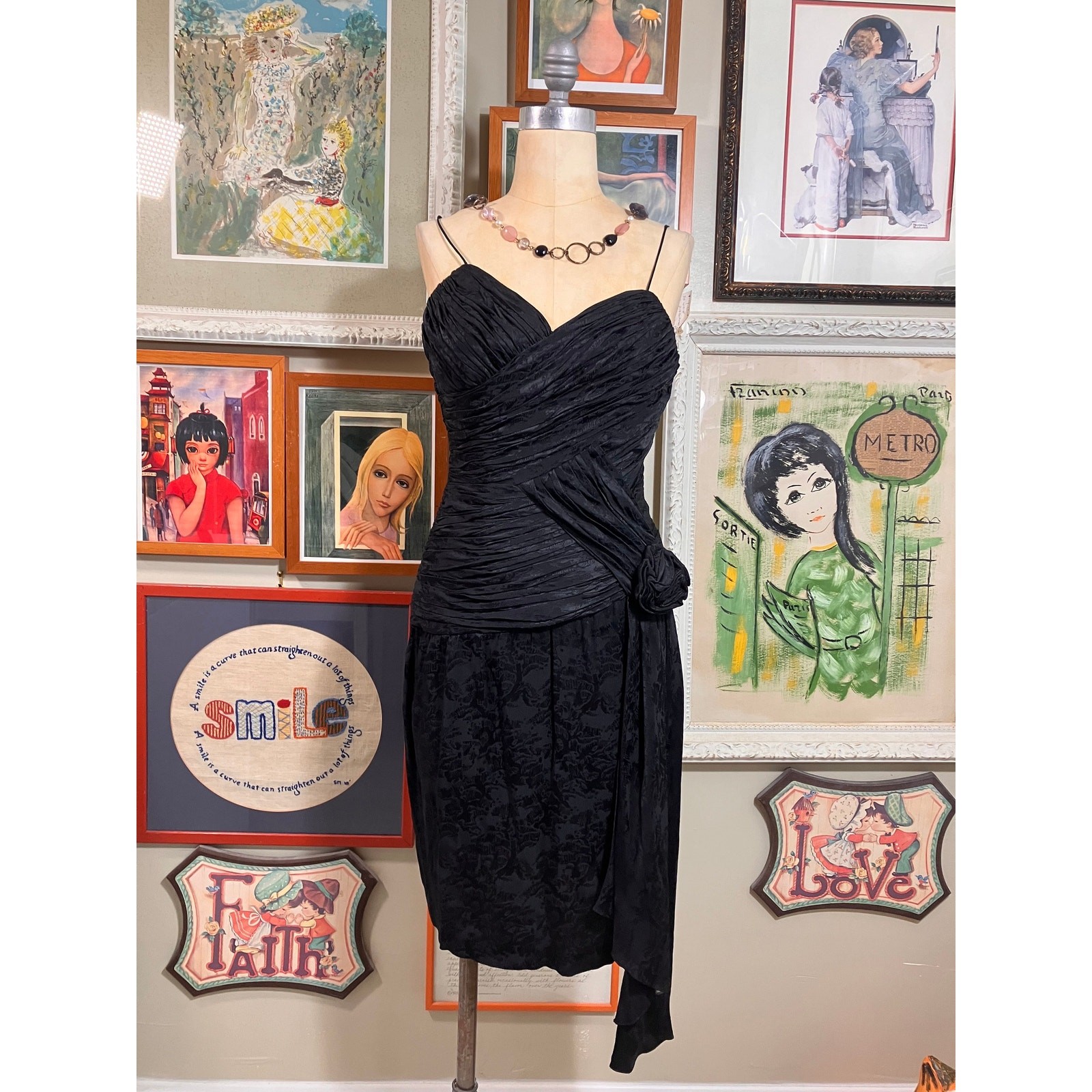 St. Gillian 80s Black Silk Cocktail Dress Ruched Bodice Floral Sash Evening Gown