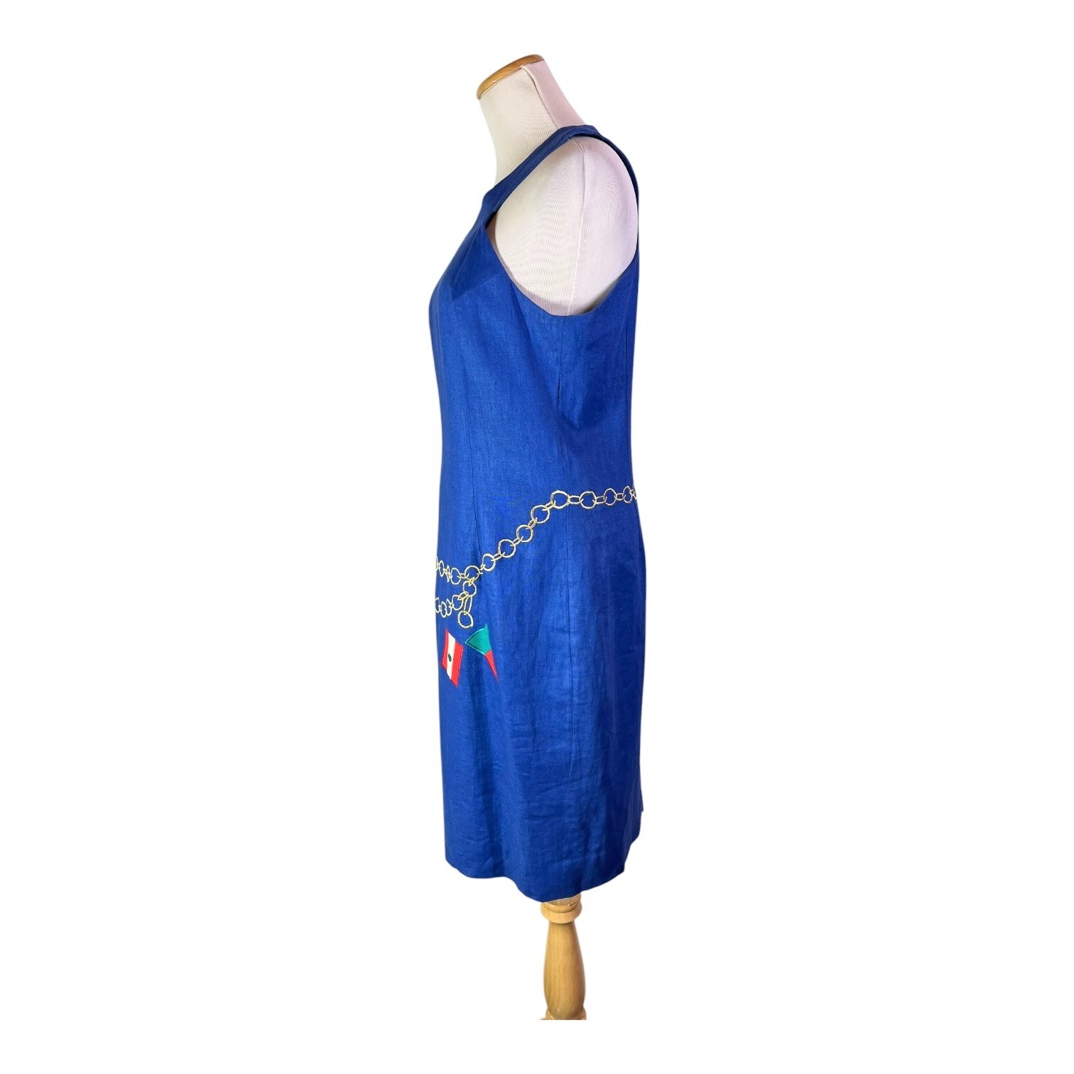 Vintage Bouillabaisse Size 6 Blue Linen Sheath Dress Embroidered Nautical *Flaw