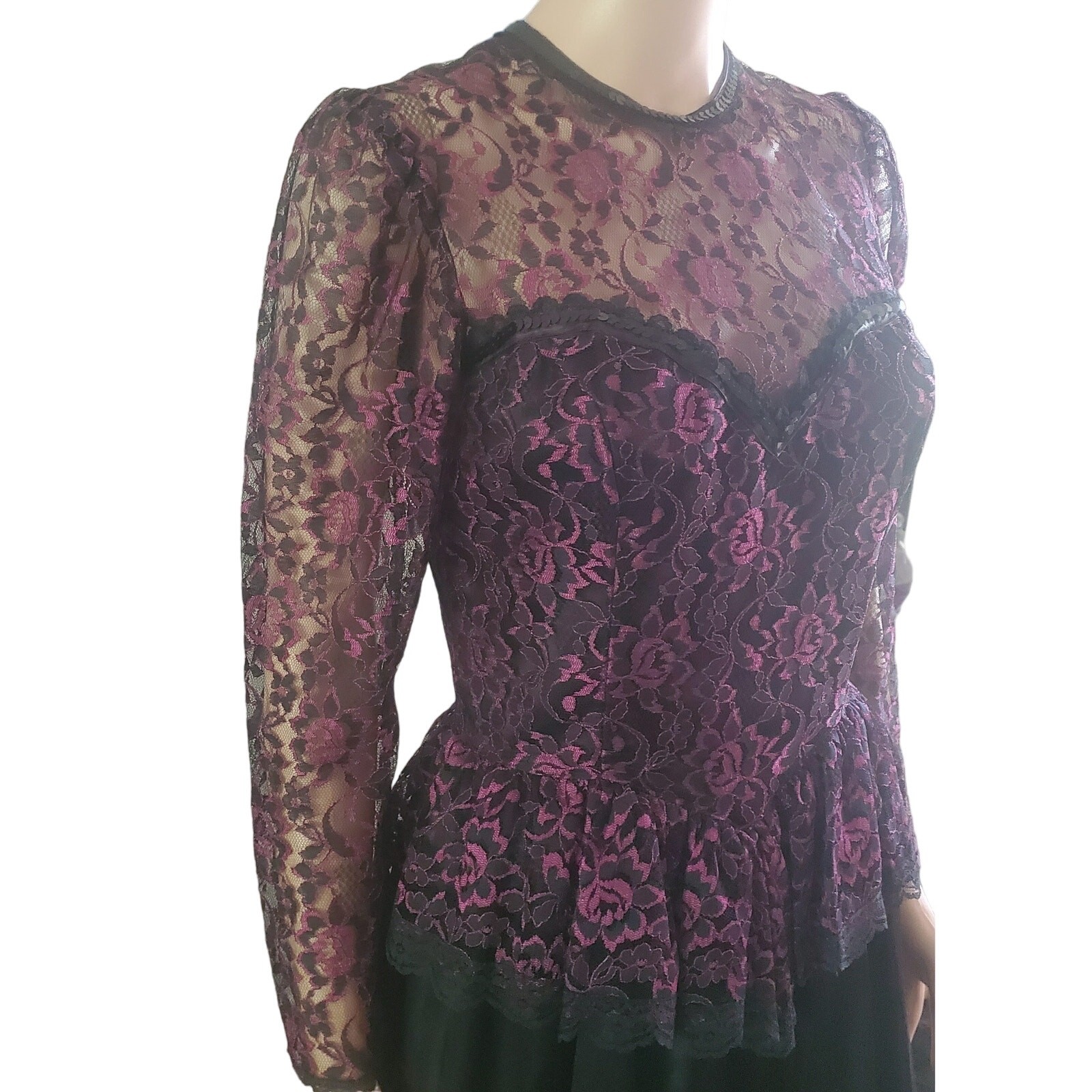 Vintage Gunne Sax Lace Dress 7 (fits like XS) Black Purple Whimsigoth Peplum