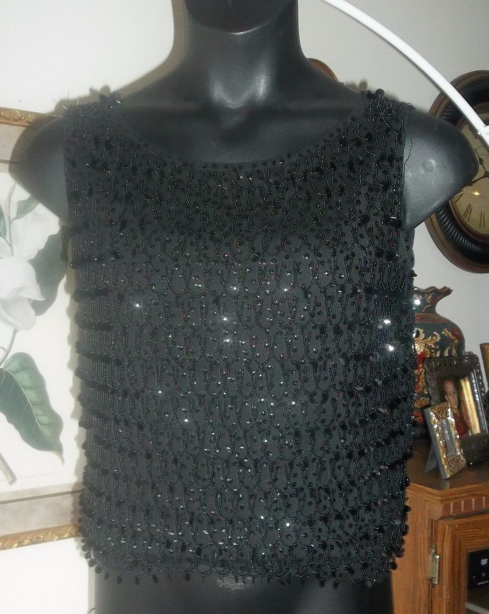 Flapper Style Heavily Beaded Black Sleeveless Fitted Top Size 38 Hong Kong
