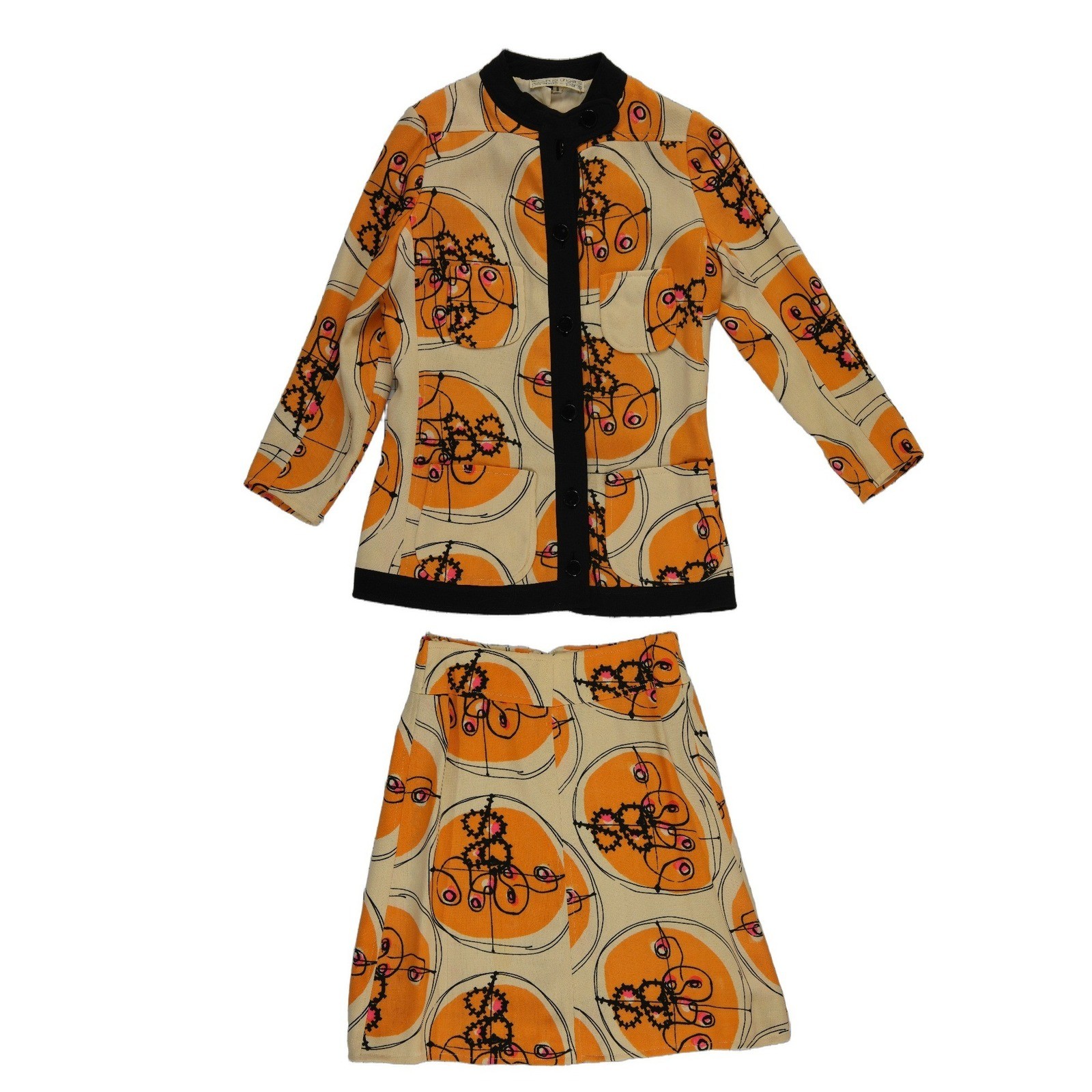 Emanuel Ungaro Skirt Suit Women’s Size 6 Orange Abstract Mod Vintage 1960s Paris