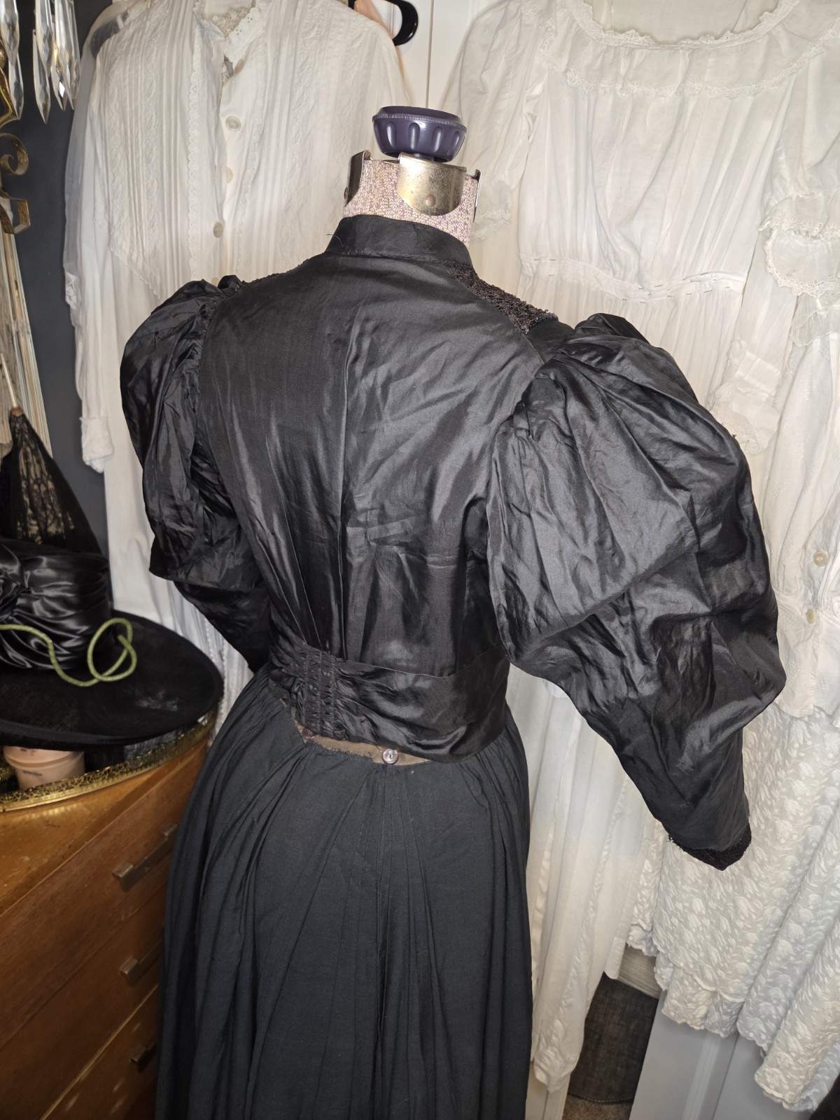 Black Victorian Silk Leg Of Mutton Sleeved Bodice With Lace & Glass Buttons READ