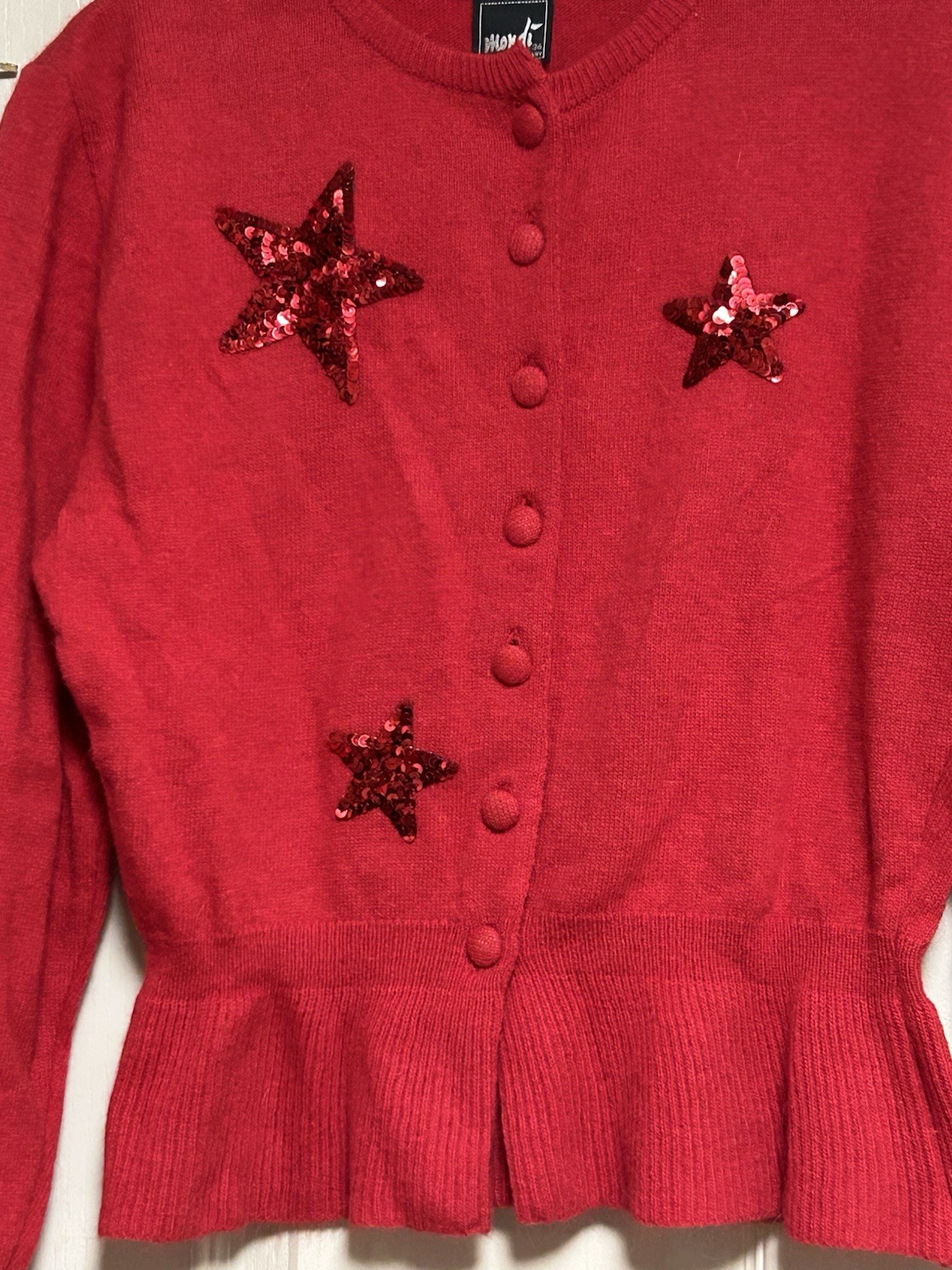 Vintage MONDI Red Soft Sumptuous Peplum Sequin Stars Sweater 36(s)-West Germany