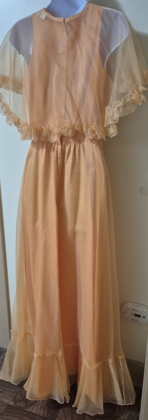 Vintage 60s /70s Orange Chiffon Prom Dress With Choffin Cape Size 12