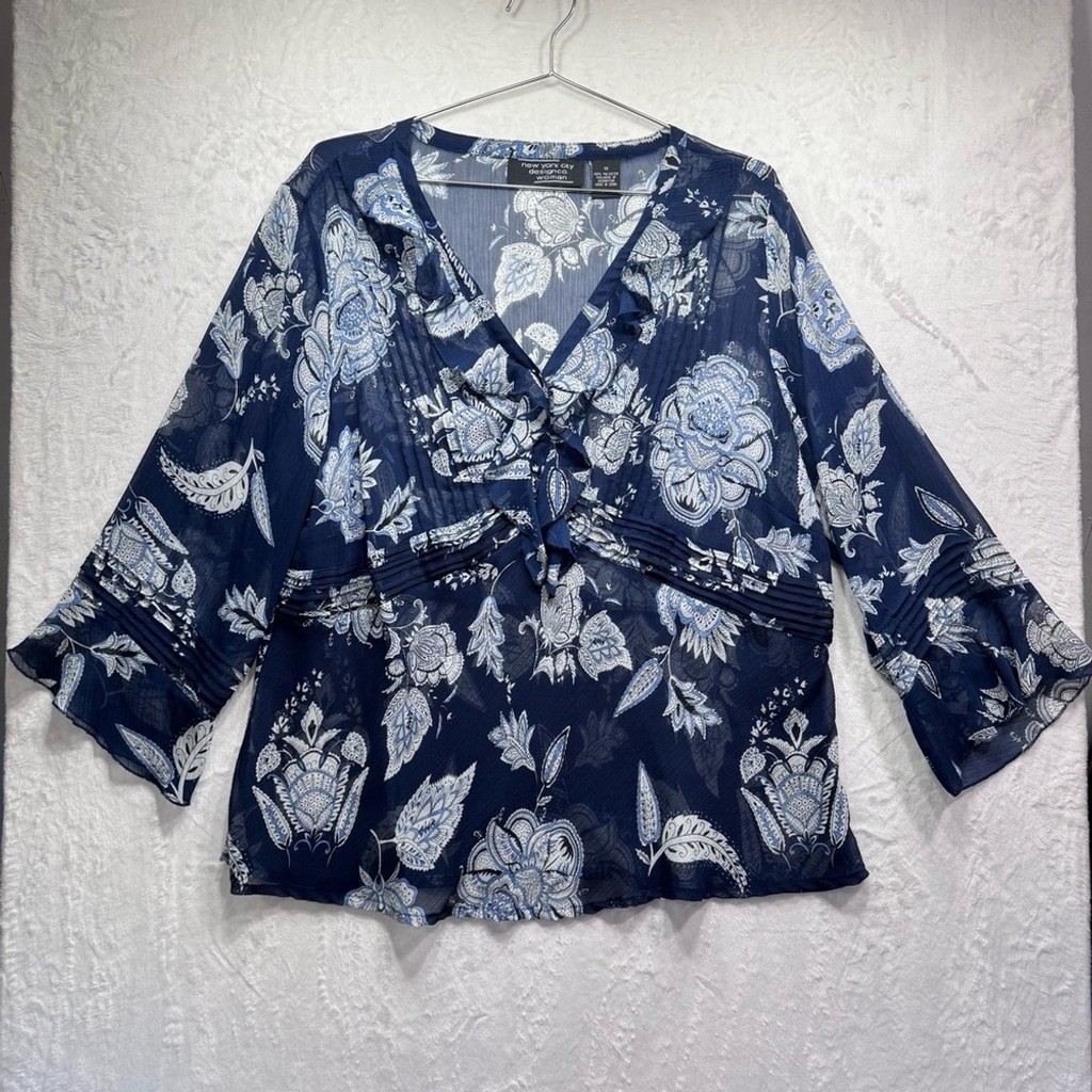 Vintage Y2K Babydoll Top Sheer Boho Blue Floral Bell Sleeves Ruffle Pleats Beads