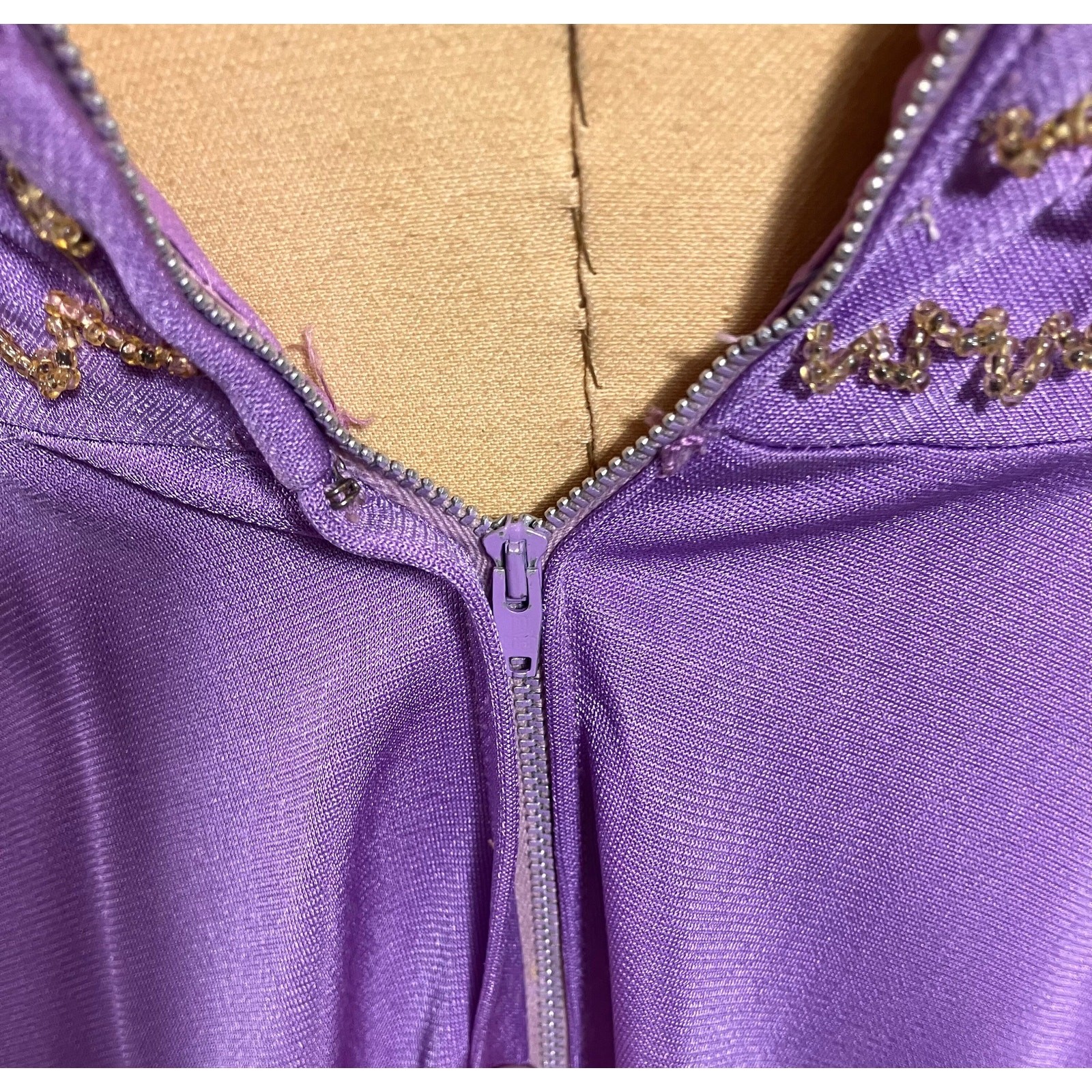 Vintage 1970s Lilac Empire Waist Maxi Dress Gold Floral Beading Formal Gown
