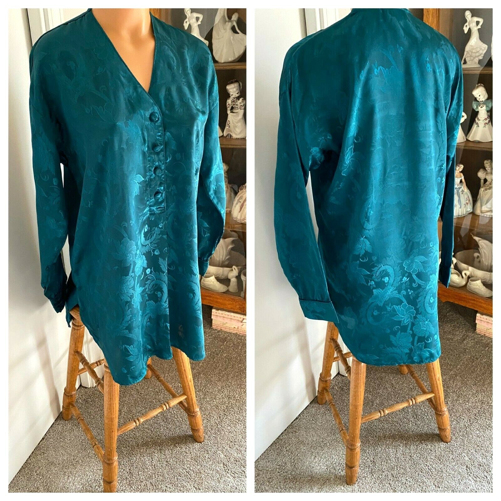 VTG 80’s VICTORIAS SECRET GREEN FLORAL JACQUARD NIGHTSHIRT NIGHTGOWN SZ M