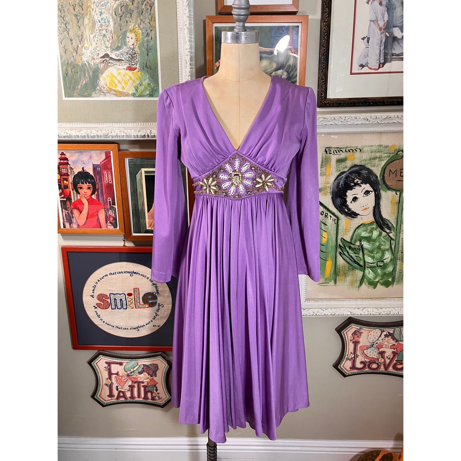 Vintage 1970s Lilac Empire Waist Maxi Dress Gold Floral Beading Formal Gown