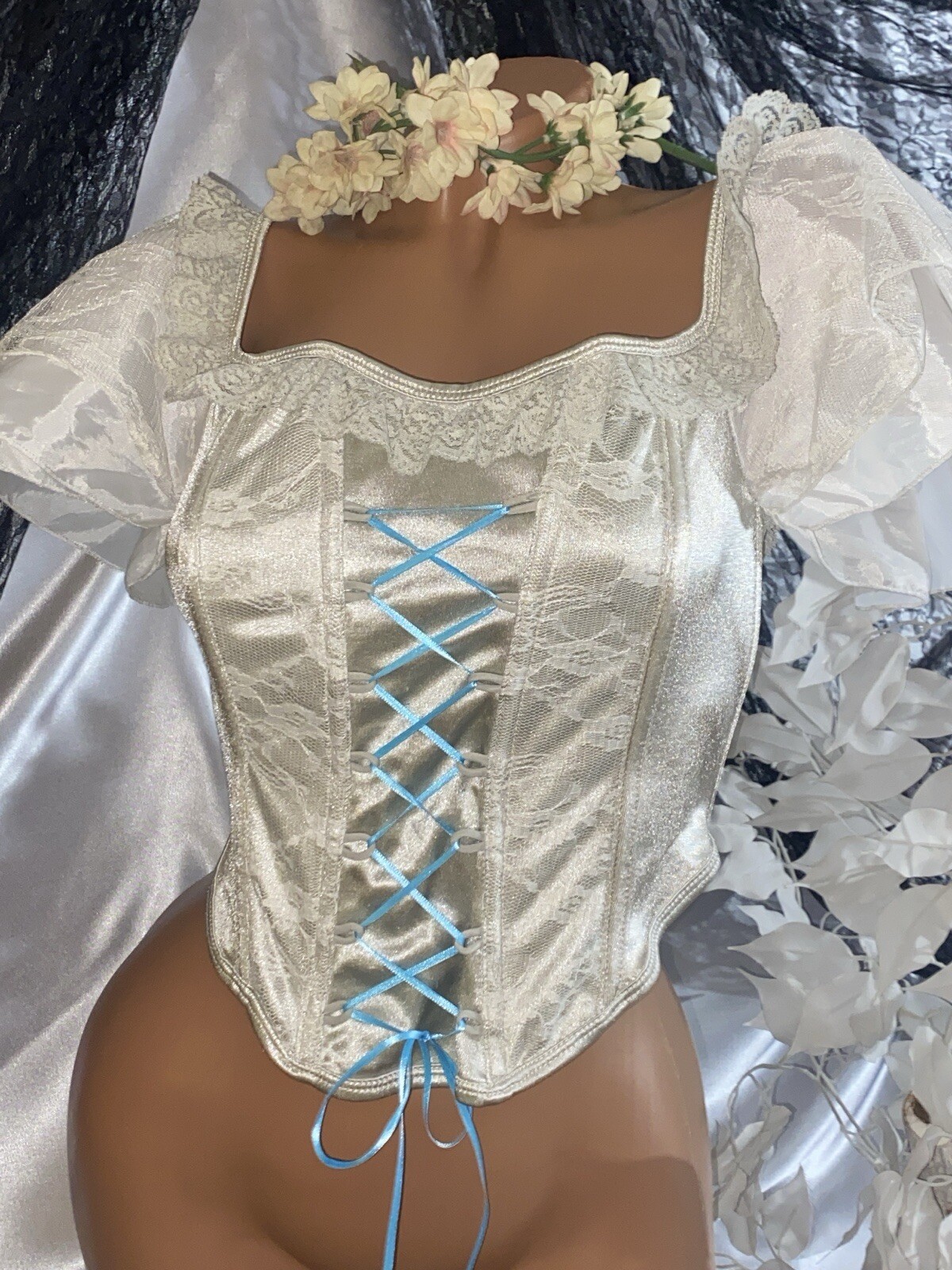 VTG SATIN SILVER FAIRY FESTIVAL GUNNE LACE UP DBL CHIFFON LACE CORSET TOP GYPSY