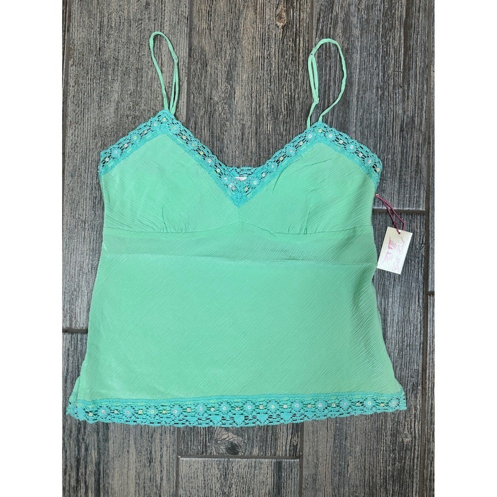 Gold Hawk Lime Sherbet Silk Cami Top with Lace Trim – Size M