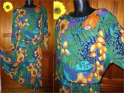 Vtg 80s KAREN KANE Floral Print Rayon Drop Waist Gypsy BOHO festival Midi DRESS