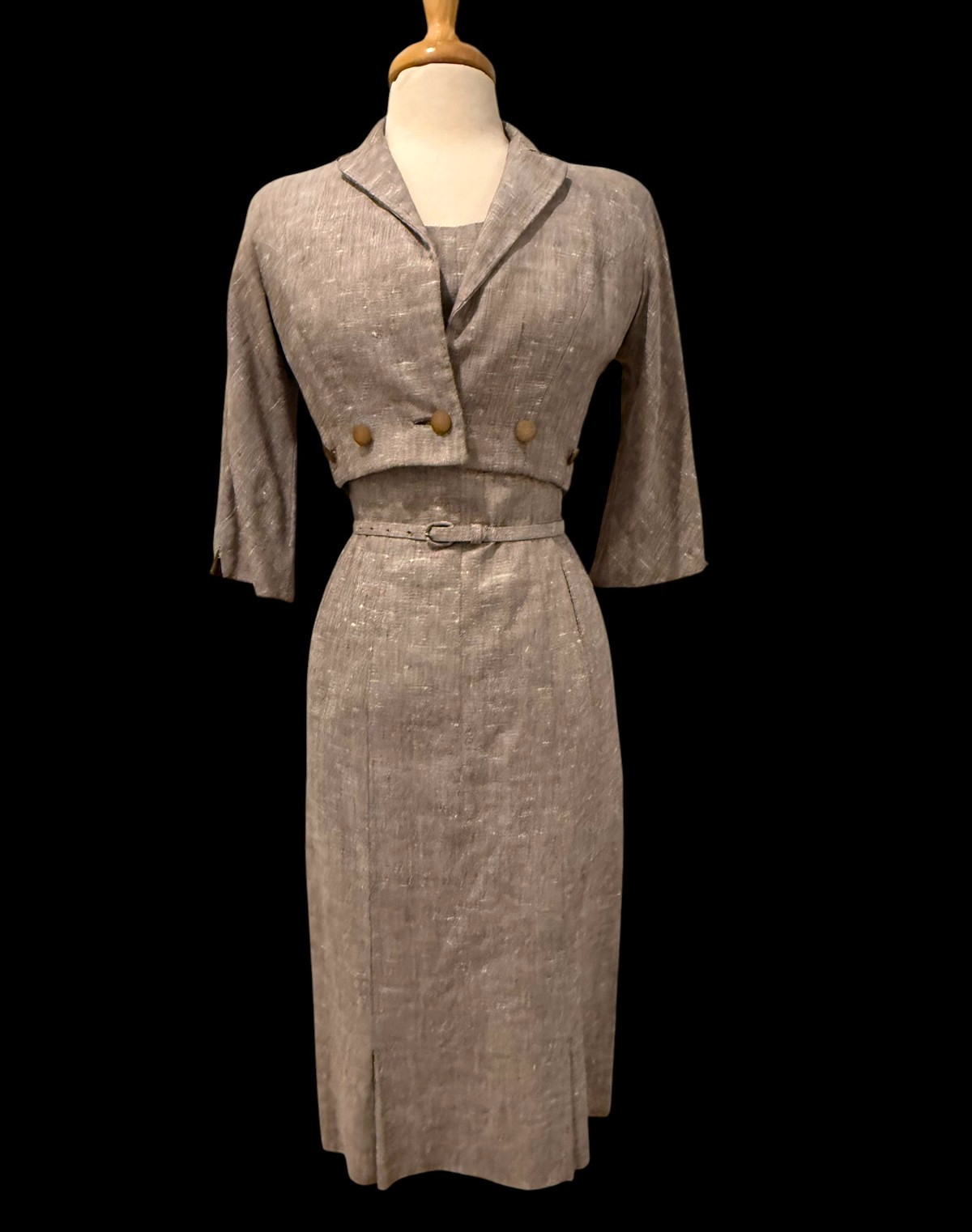 Vintage 1940s PinUp Montaldos Taupe Tweed Pencil Dress Bolero Jacket Suit Set