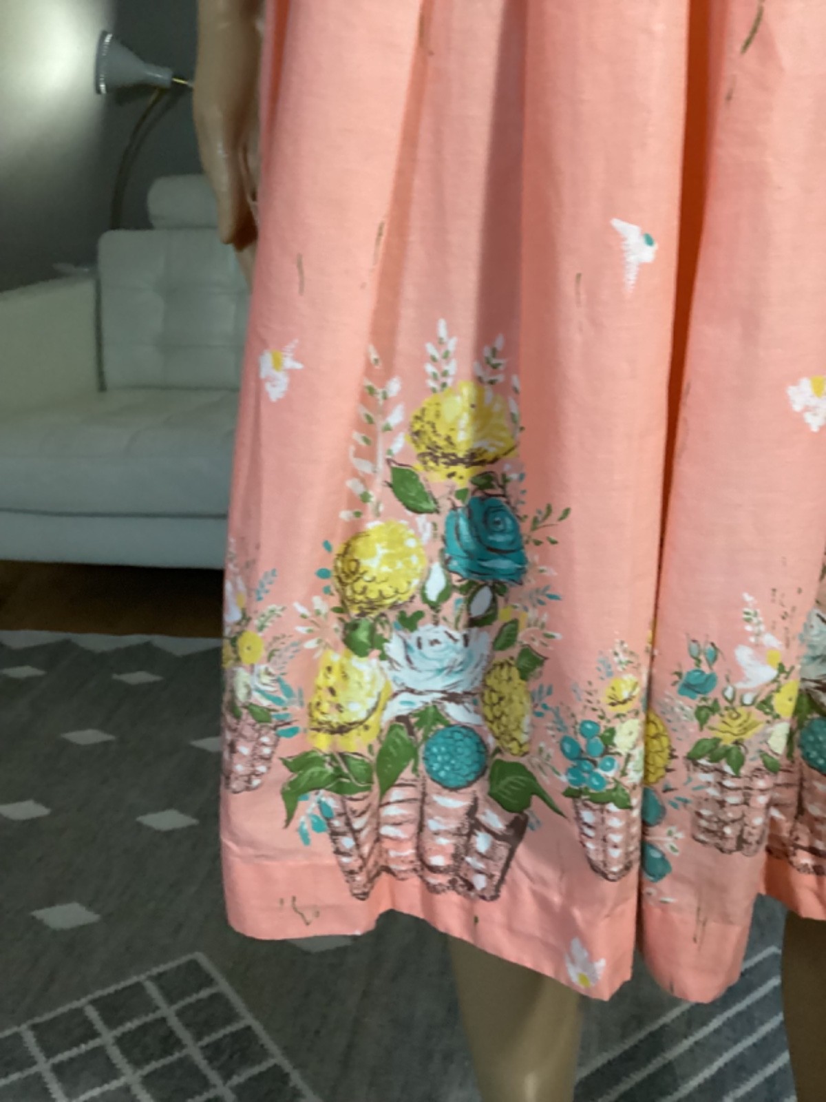 Vintage 1950s Flower Basket Bouquet Pink Cotton Belted Sun Dress Novelty Print