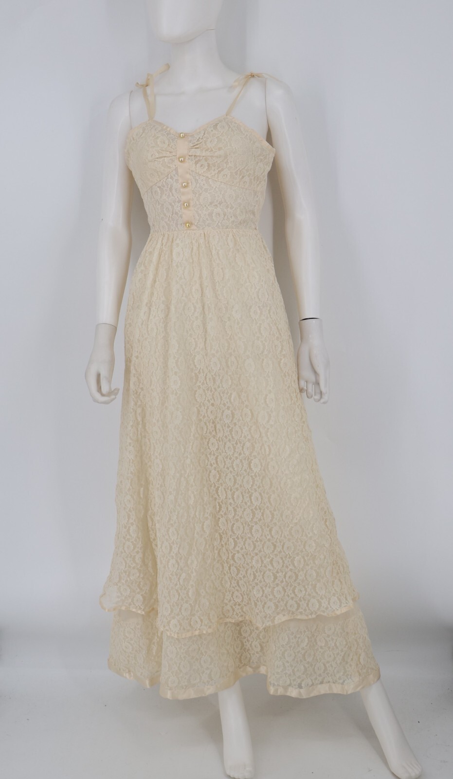 Vintage 1970’s Dress Women’s Ivory Lace Maxi Prairie Cottage Core Candi Jones
