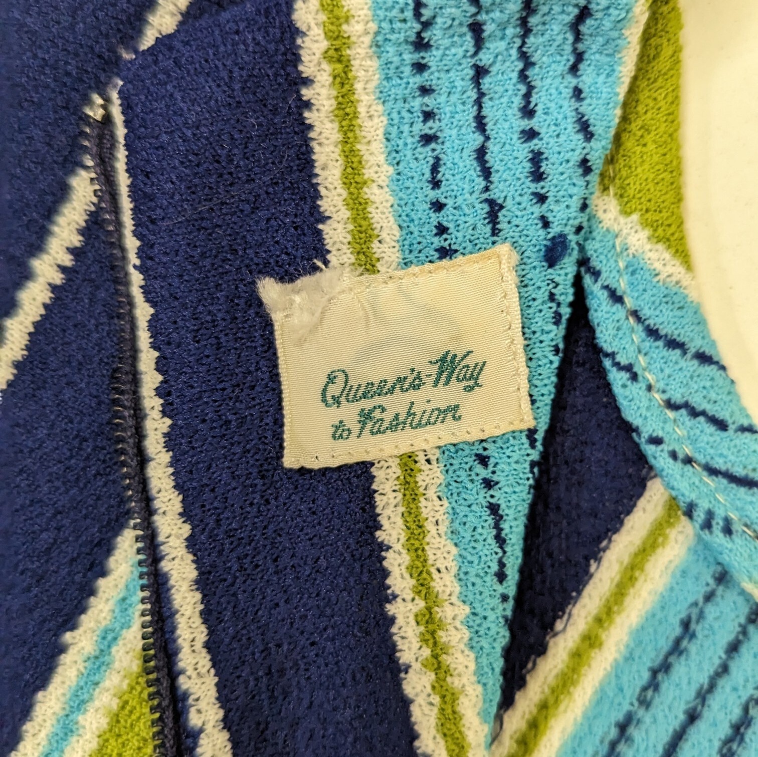 Vintage 1970s QUEENS WAY to FASHION Blue & Green Striped Polyester Shirt Top