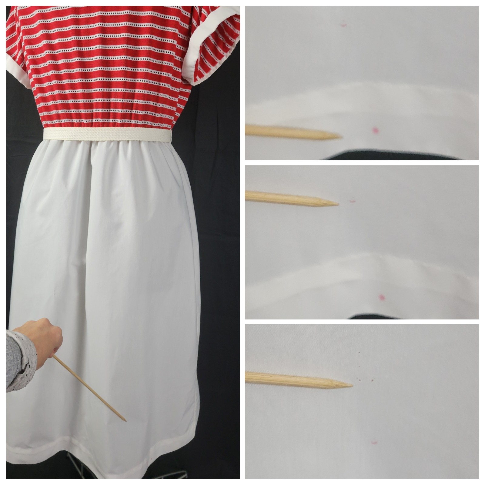 Vintage Boatneck Blouson Dress w Red & White Striped Bodice & White Skirt Size L