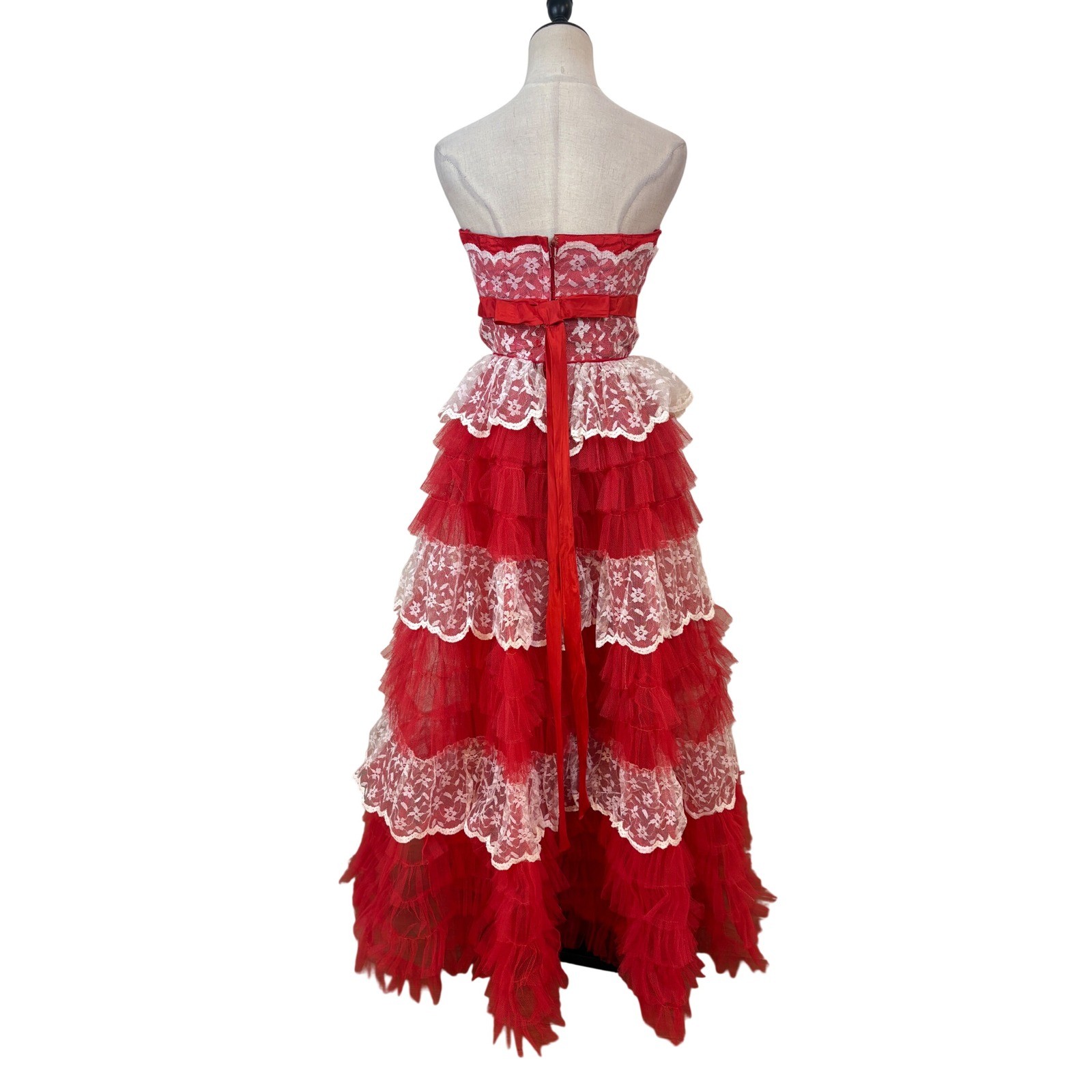 Vtg 50s Cupcake Tiered Lace Dress 25″ W Red Strapless Tulle Prom formal Glam