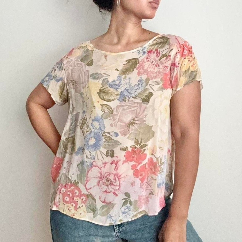 Vintage 80s/90s floral blouse semi sheer blue yellow pink flower rose