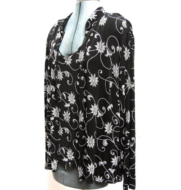 Black Embroidered Blouse Set Silver Floral Vtg Onyx Nite Wendye Chaitin Size L