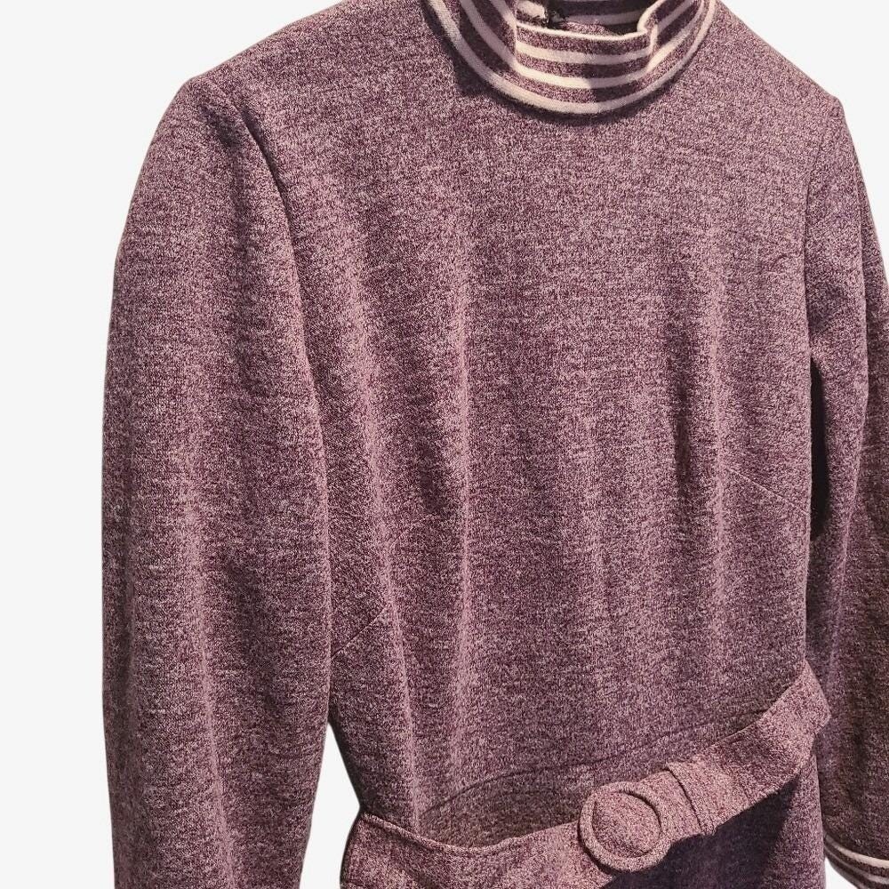 Vintage Purple Belted Long Sleeve Mockneck Fit & Flare Dress UK 14 Fits Small