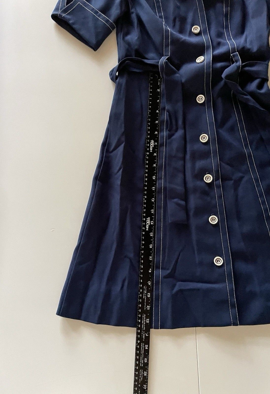 Vintage Leslie Fay Navy Blue Dress with White Stitching and Matching Belt