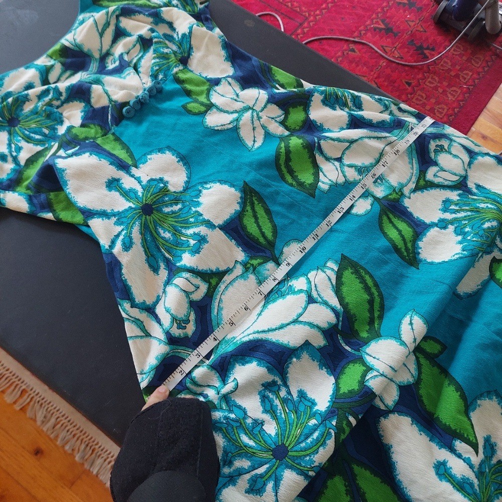 Vintage Sears Hawaii Floral Maxi Dress Turquoise Cotton Tiki 60s Empire Waist