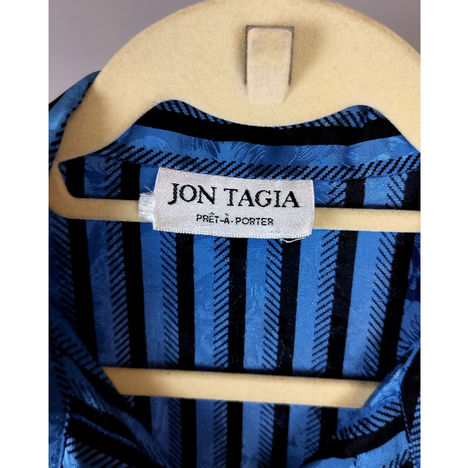 Vintage Jon Tagia Silky Jacquard Striped Button Down Blouse Blue Black Medium