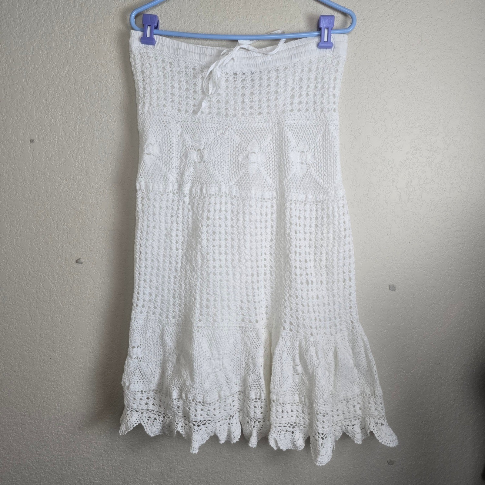 Vintage DIMRI White Cotton Crochet Lace Midi Skirt Cottagecore Boho Medium