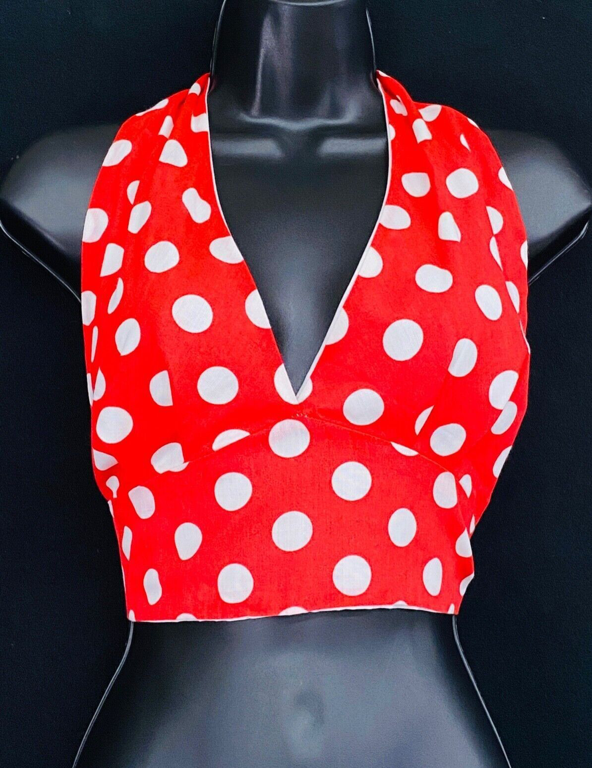 Vintage 1970s red white polka dot halter top, deadstock summer crop pin-up bra
