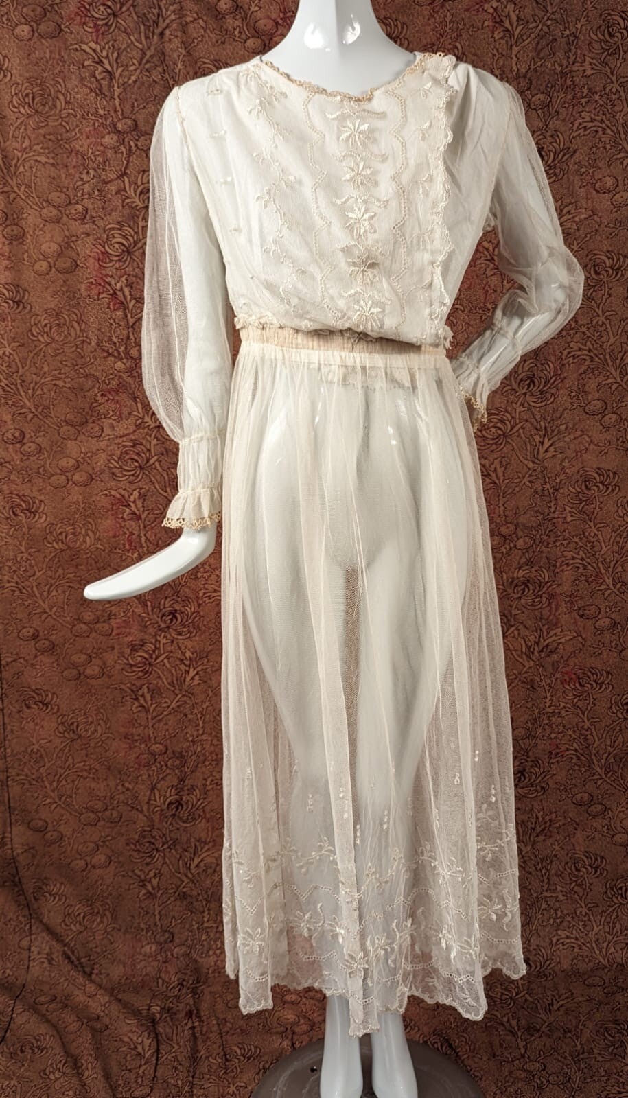 EDWARDIAN EMBROIDERED NET TEA DRESS W NET SLEEVES + RUCHED CUFFS