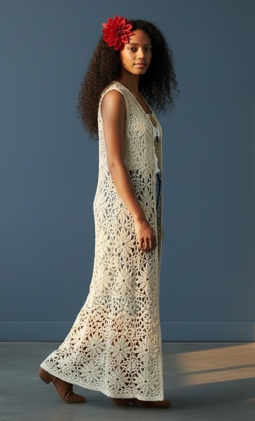 Vtg Krochetta Ivory Long Crochet Duster Vest Sz L Boho Festi 90s Y2k