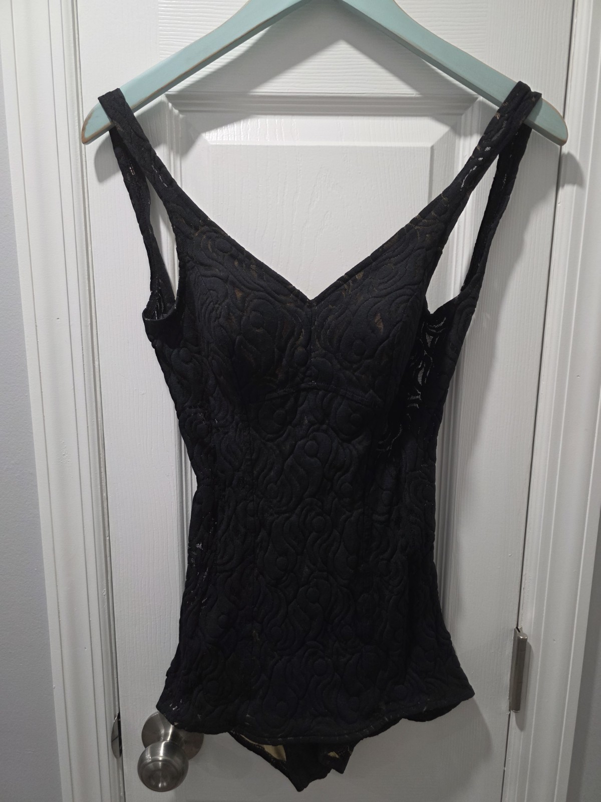 VTG 1950s JANTZEN Black Lace Sheer Side Swimsuit Bathing Suit Retro Pin-up Sz 12