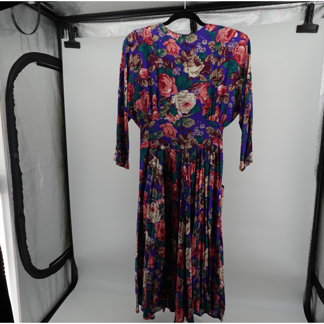 Carol Anderson Vintage Purple Floral Midi Dress Button Front Pockets 80s USA