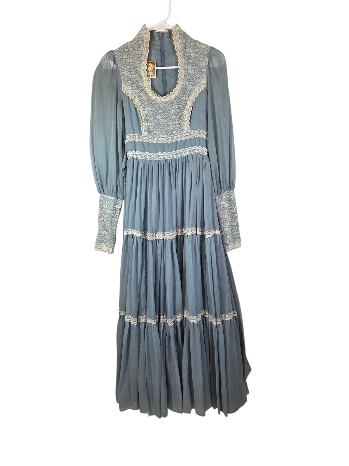 Vtg 70s Gunne Sax Maxi Dress Blue Cream Lace Cottagecore Prairie Gown Sz 9 Read