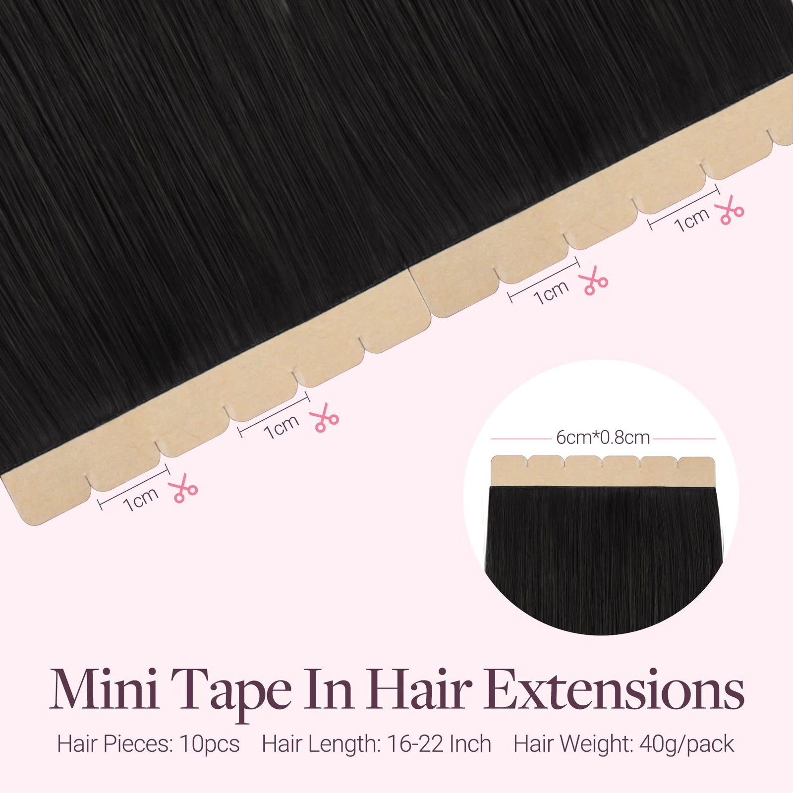 GOO GOO Tape in Hair Extensions Tape 201, 1B Natural Black, 22inch 40g 10pcs, Mi