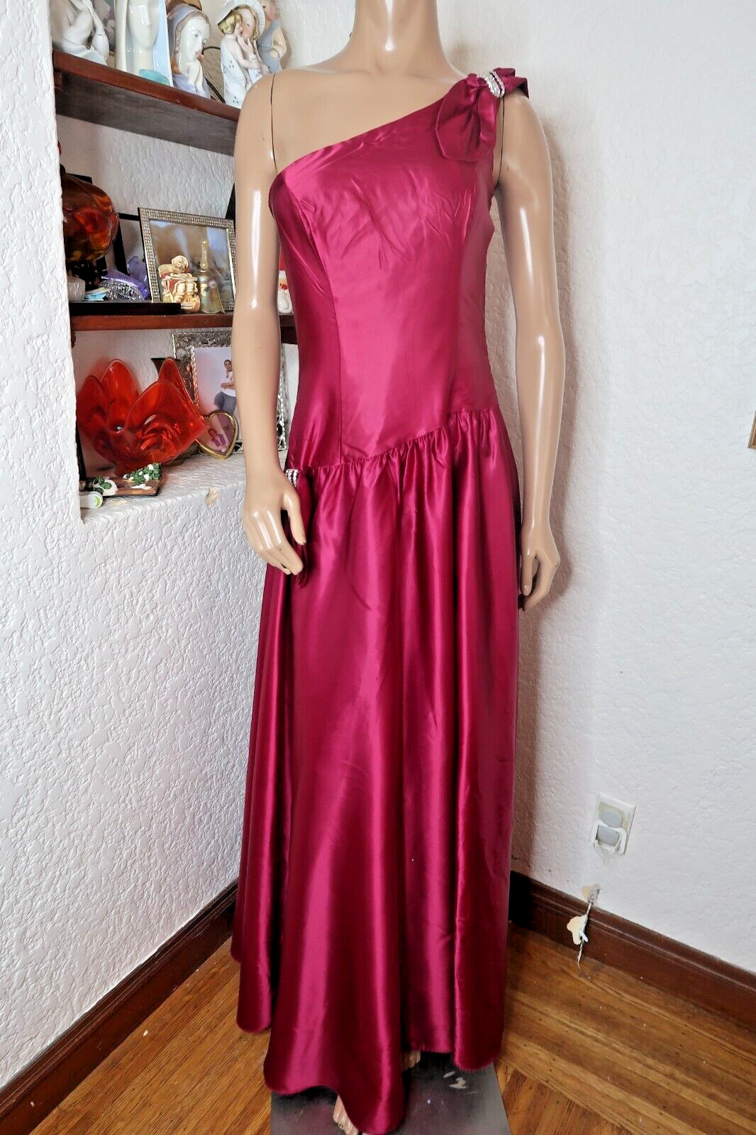 Vintage One Shoulder Dance Allure Alfred Angelo Deep Pink Satin Prom Maxi Dress