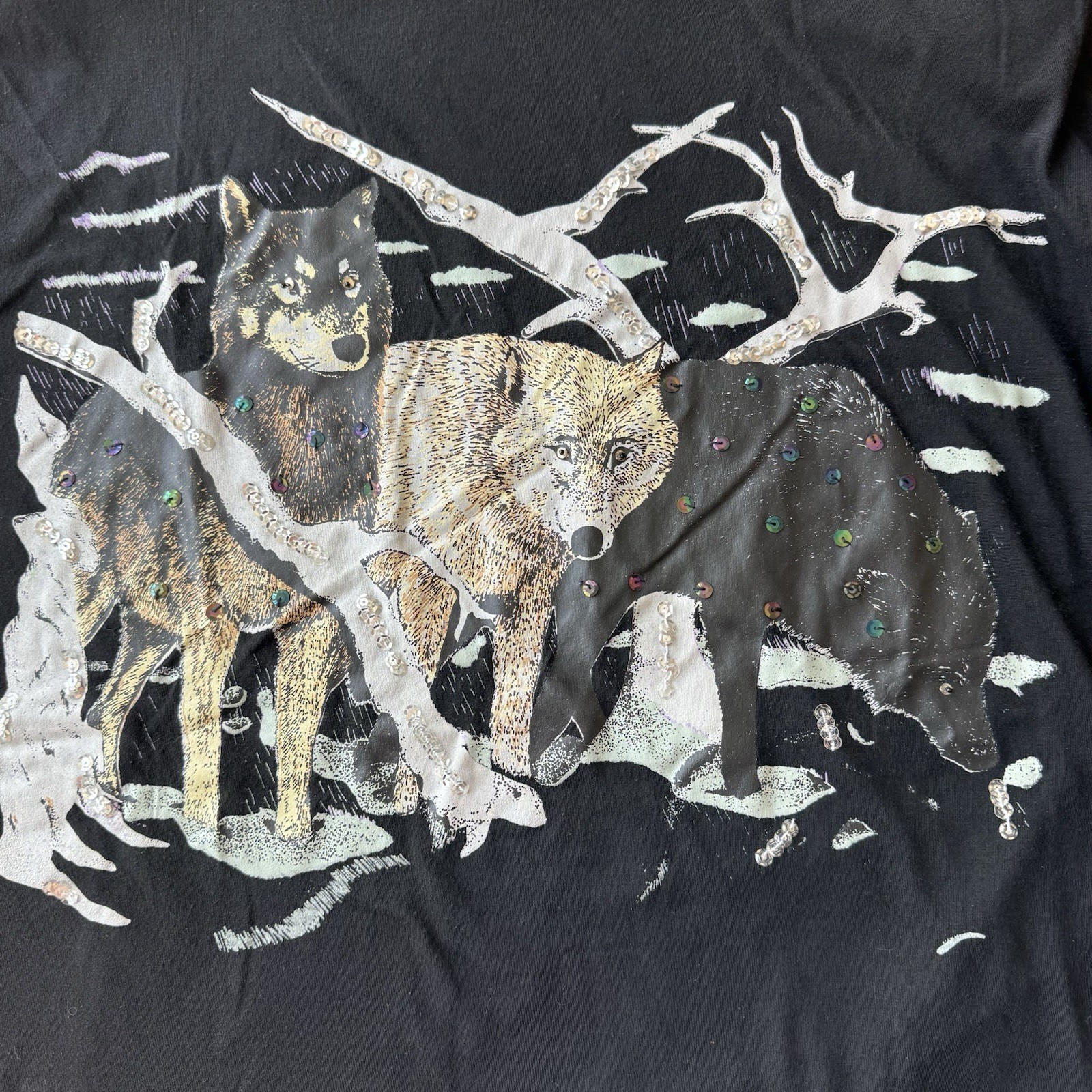 Vtg Alyssa Michele Black Wolf Pack Graphic T-shirt Women XL Nature 1990 Rhinesto