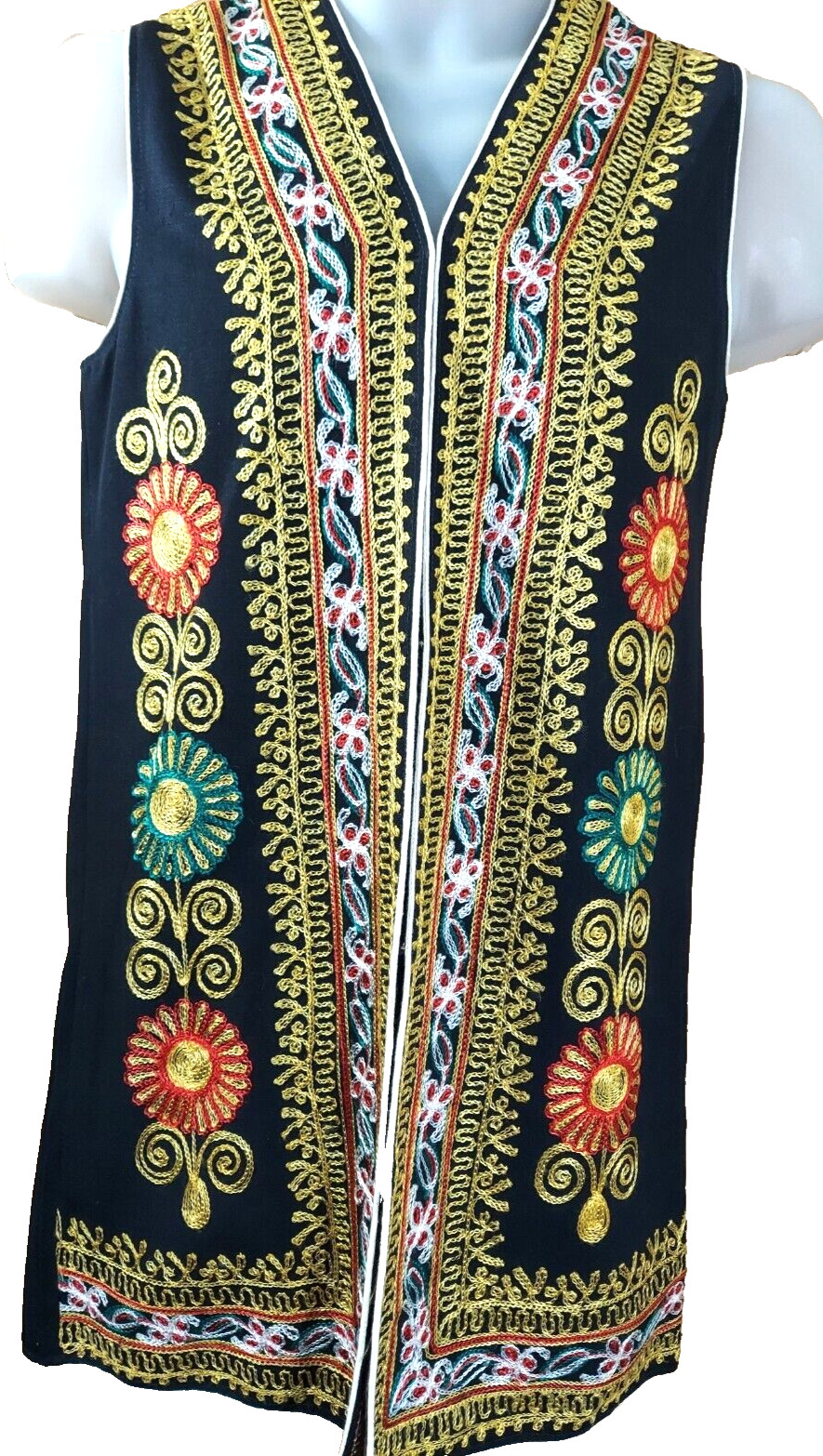 VINTAGE BLACK WOOL FLORAL EMBROIDERY MIDI TUNIC VEST 3 EYE HOOK CLOSURE NO TAGS