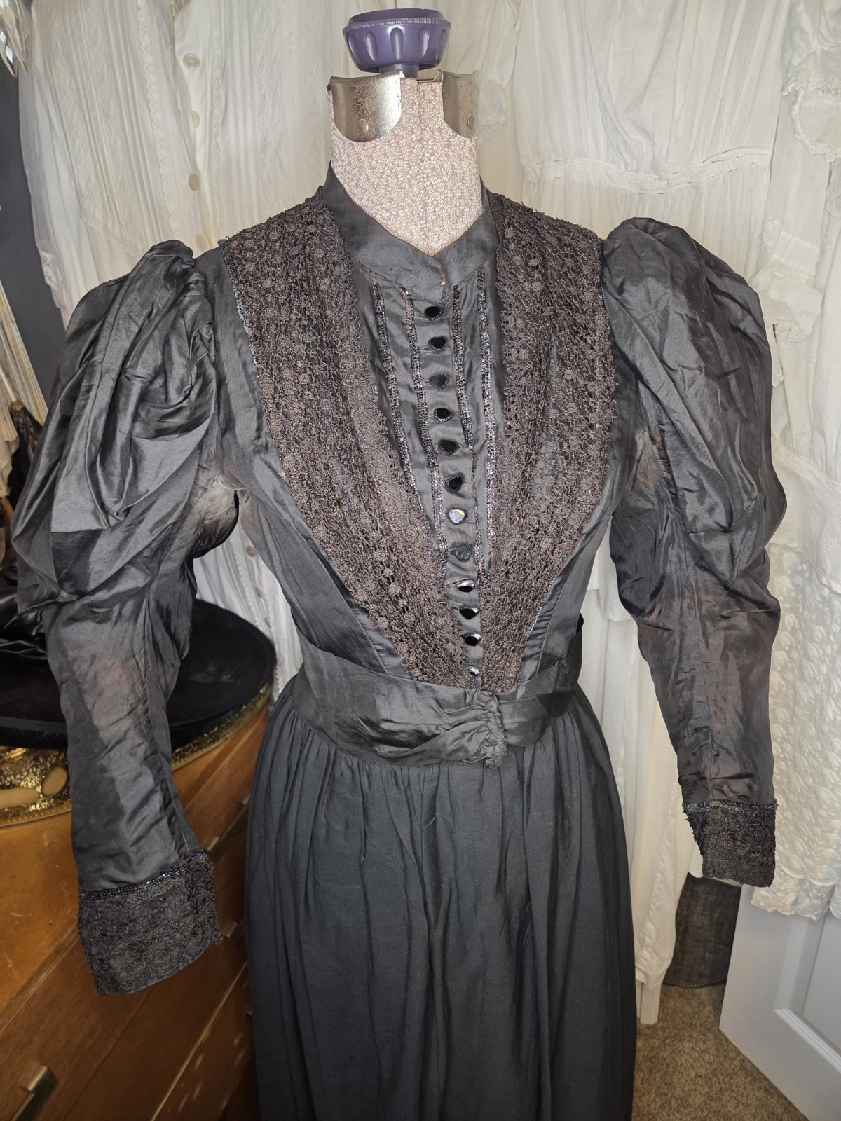 Black Victorian Silk Leg Of Mutton Sleeved Bodice With Lace & Glass Buttons READ