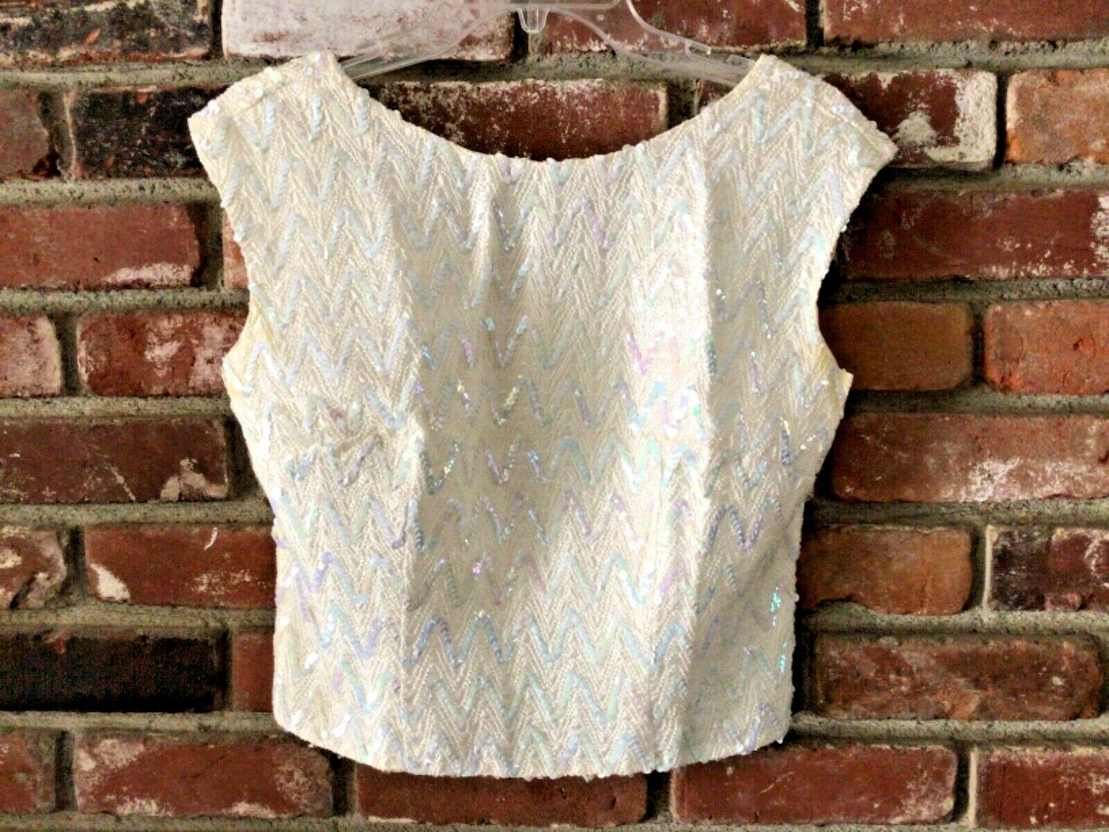 Gorgeous VTG 50s or 60s Sequin Crop Tank Top White Sz 10 Alice Of California