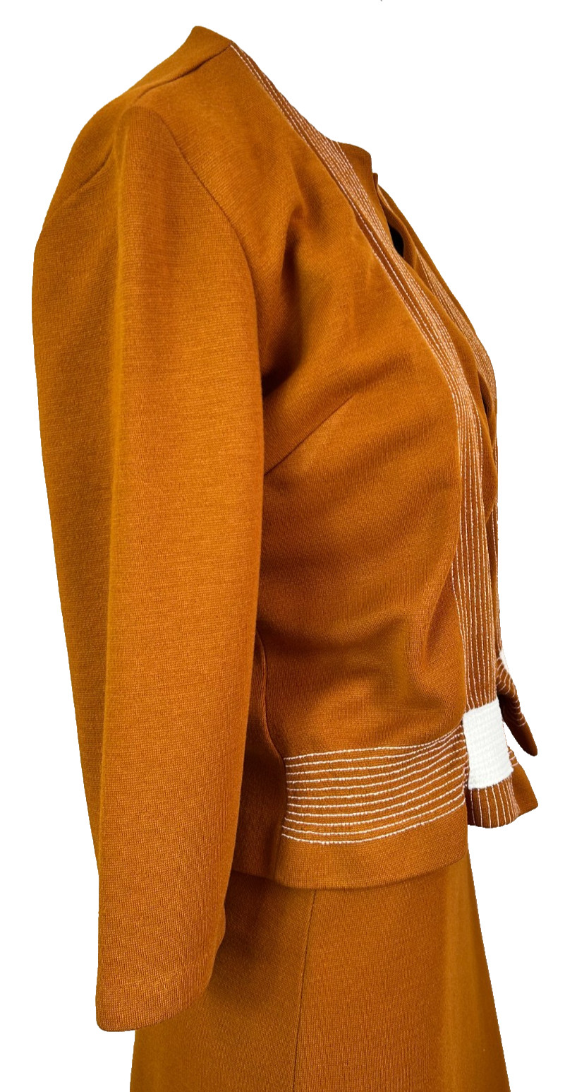 70s Cintura Knit Skirt Suit Size Small Nutmeg Jacket Open Front Top Stitch EUC