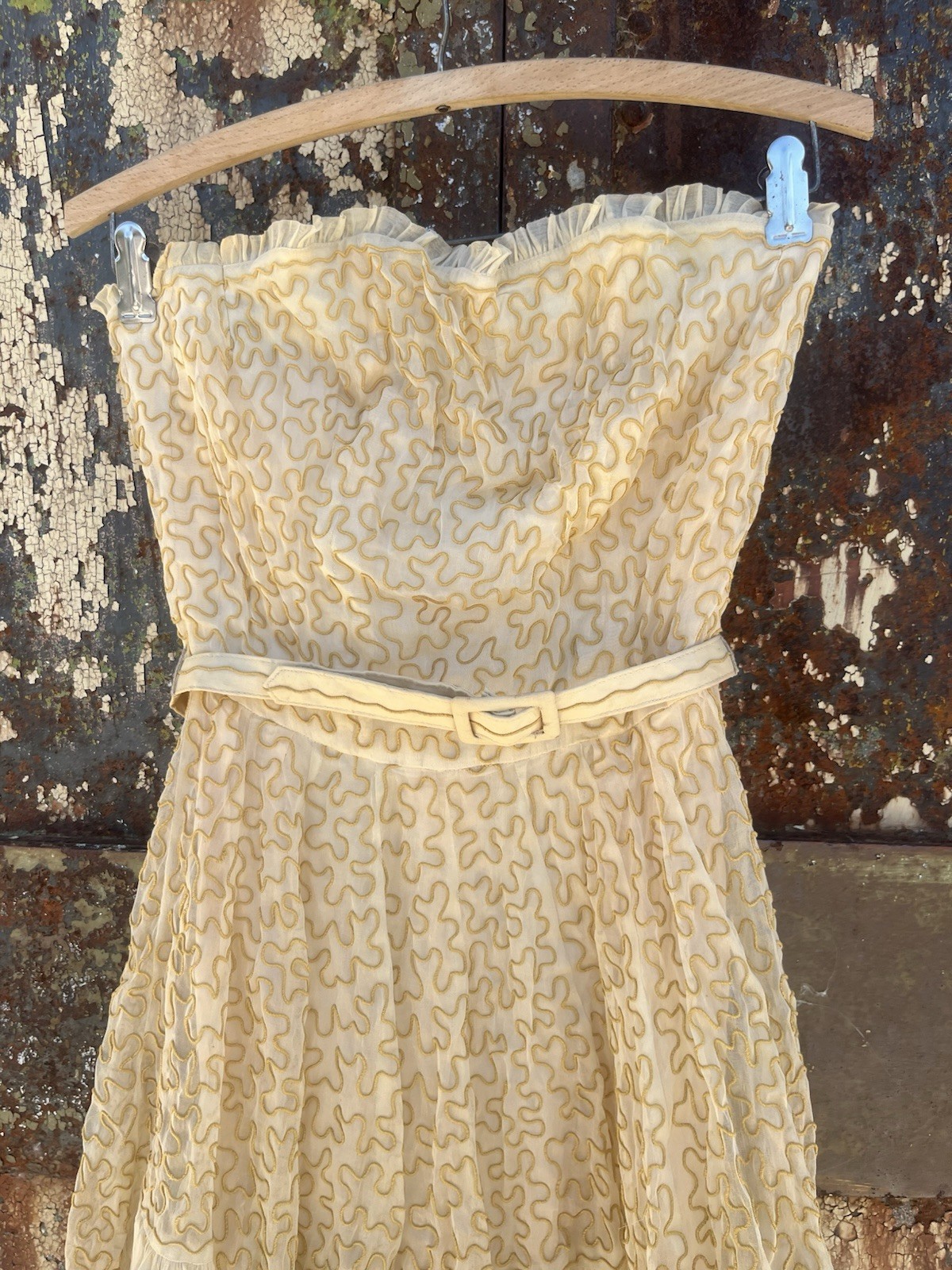Vintage 40s 50s Mid Century Art Deco Strapless Scallop Bridal Gown Dress XS
