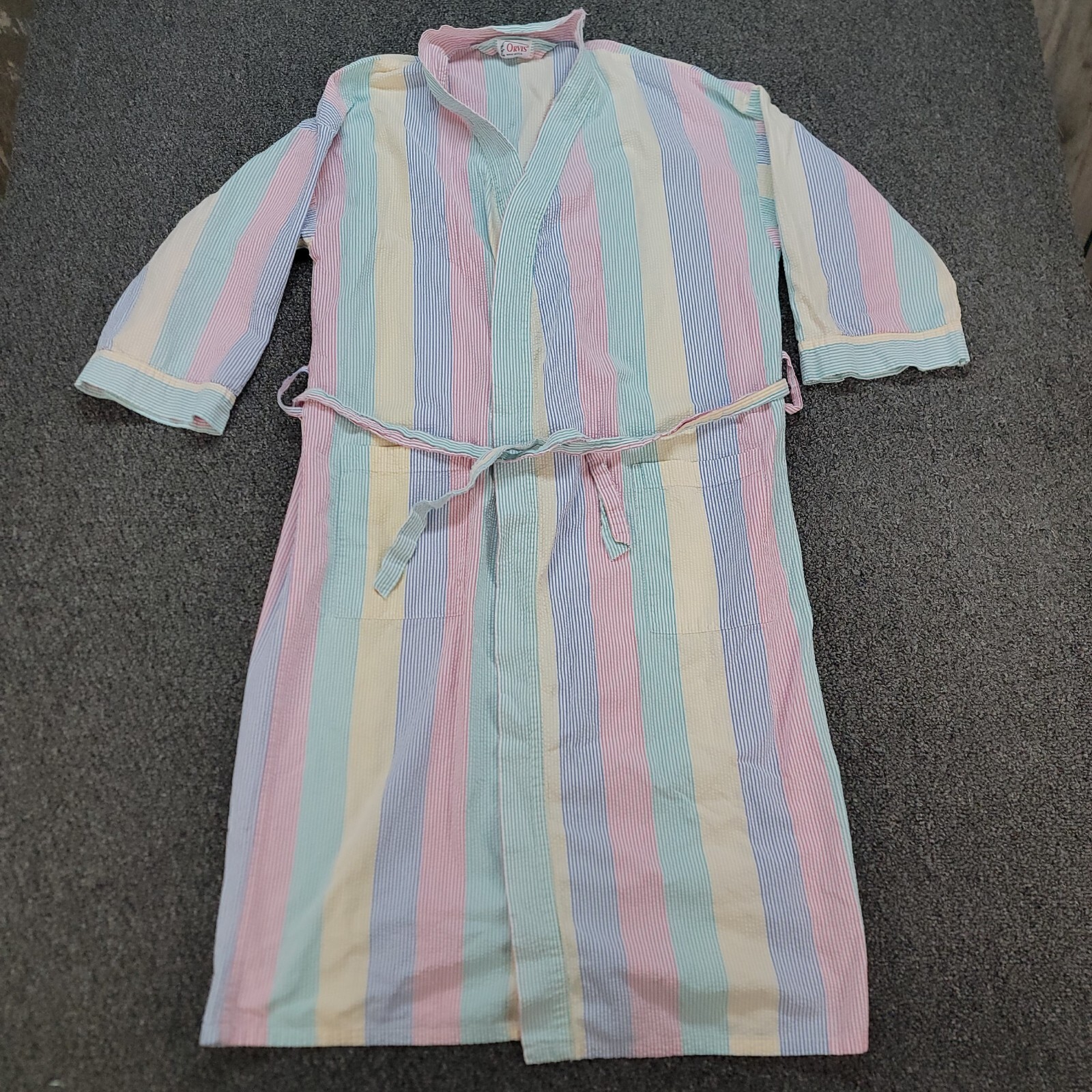 Vintage ORVIS Robe Womens Pastel House Coat Seersucker Puckered Made USA 80s 90s